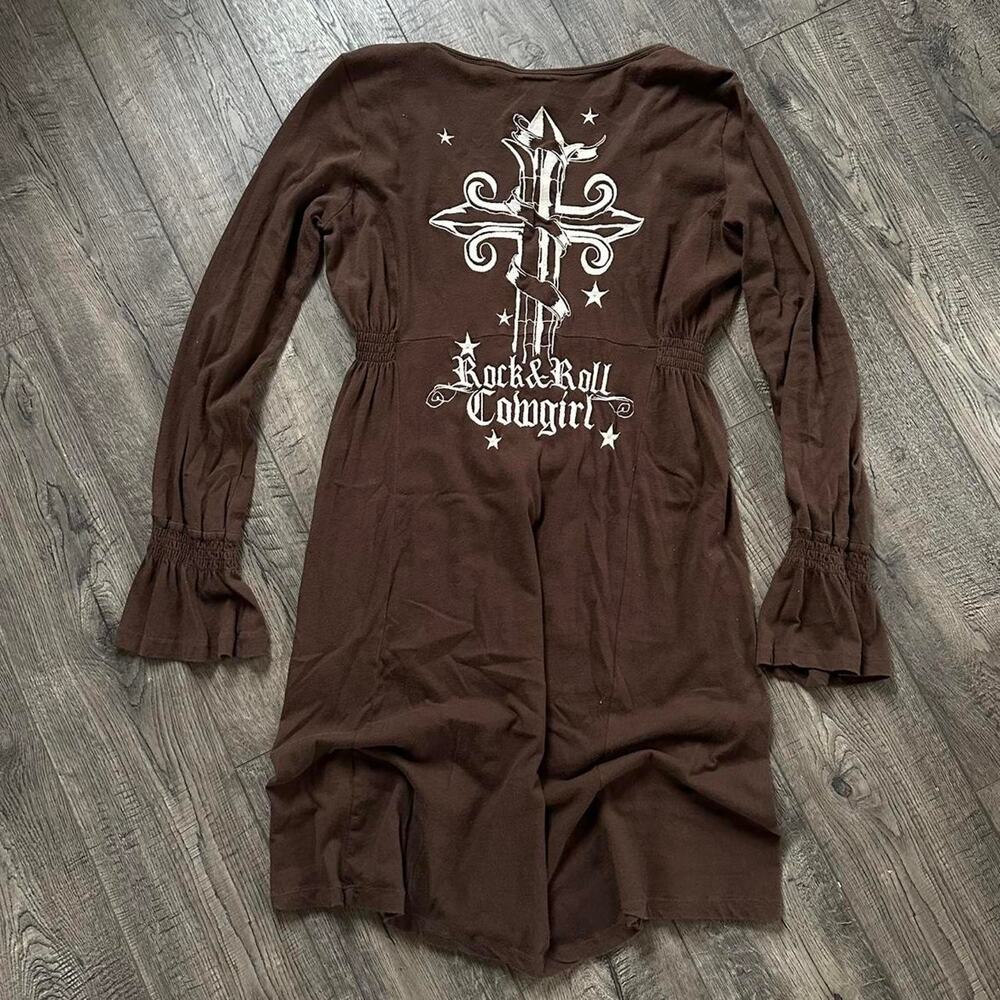 Vintage Y2K Western Rock & Roll Cowgirl Tattoo Cross Longsleeve Shirt Dress
